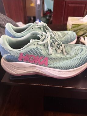Hoka Women's Mint Green Athletic Running Shoes with Pink Logo